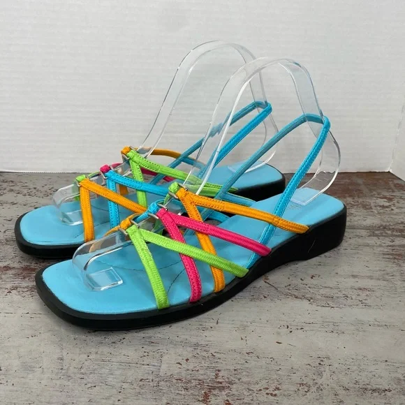Vintage 90s 1990s Y2K 2000s neon elastic top platform sandals 7.5 retro - Picture 1 of 11